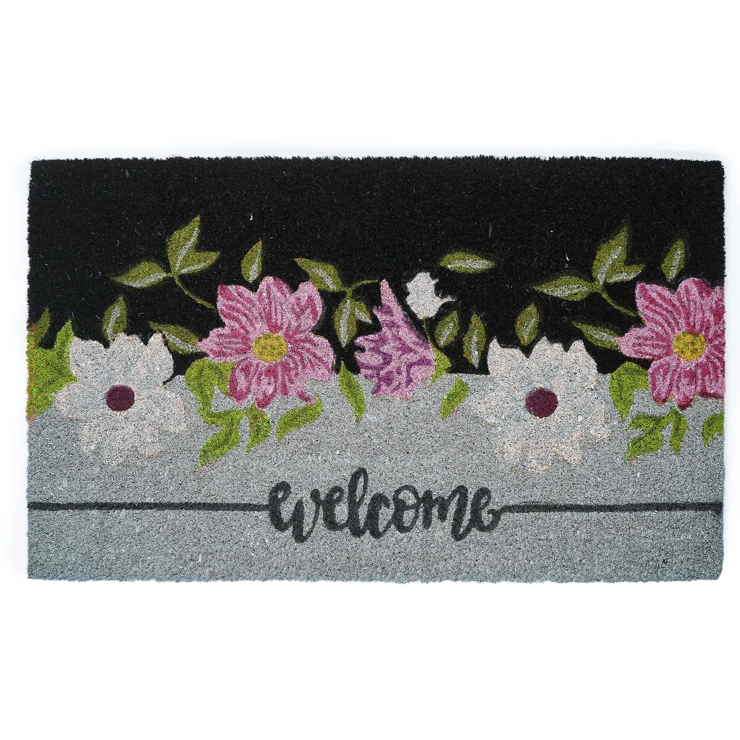 Decorative doormat with floral design and 'Welcome' text on a black and gray background