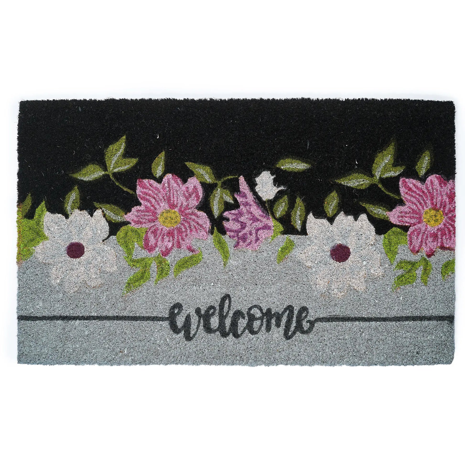 Decorative doormat with floral design and 'Welcome' text on a black and gray background
