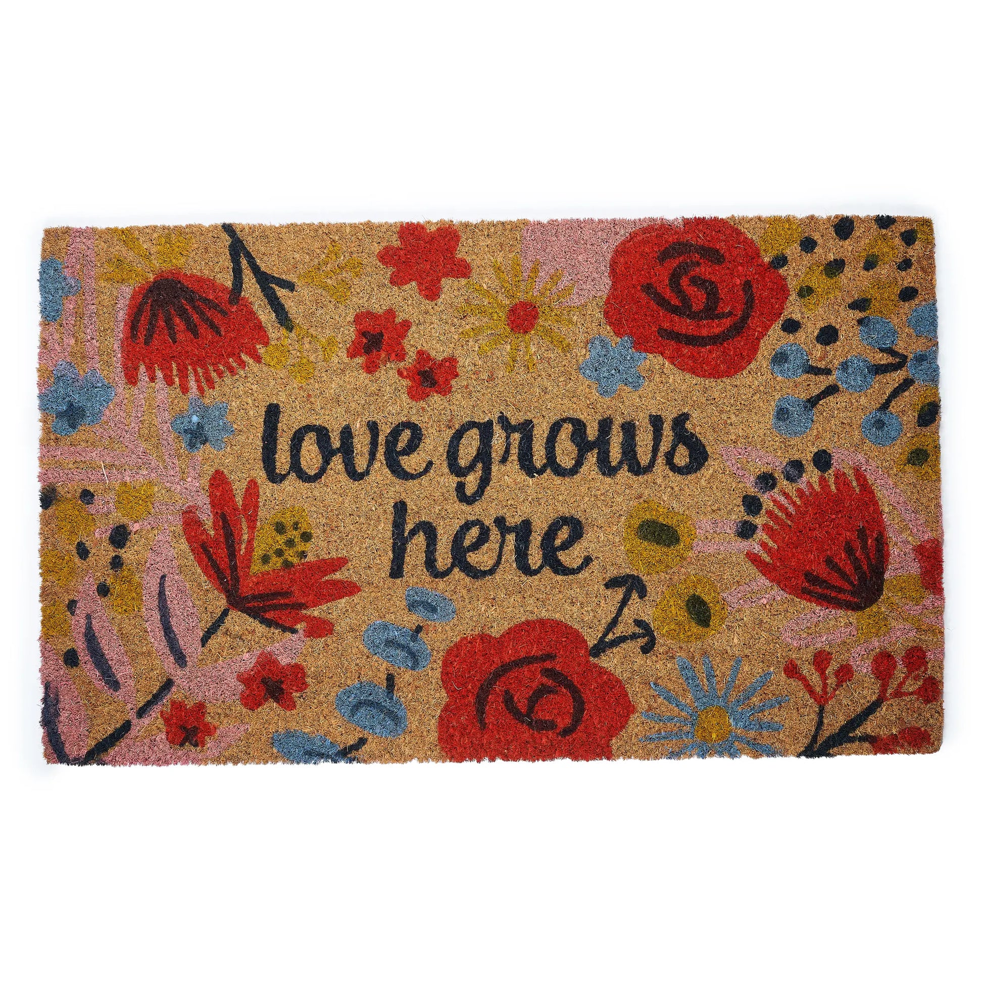 Doormat with floral design and 'love grows here' text on a white background