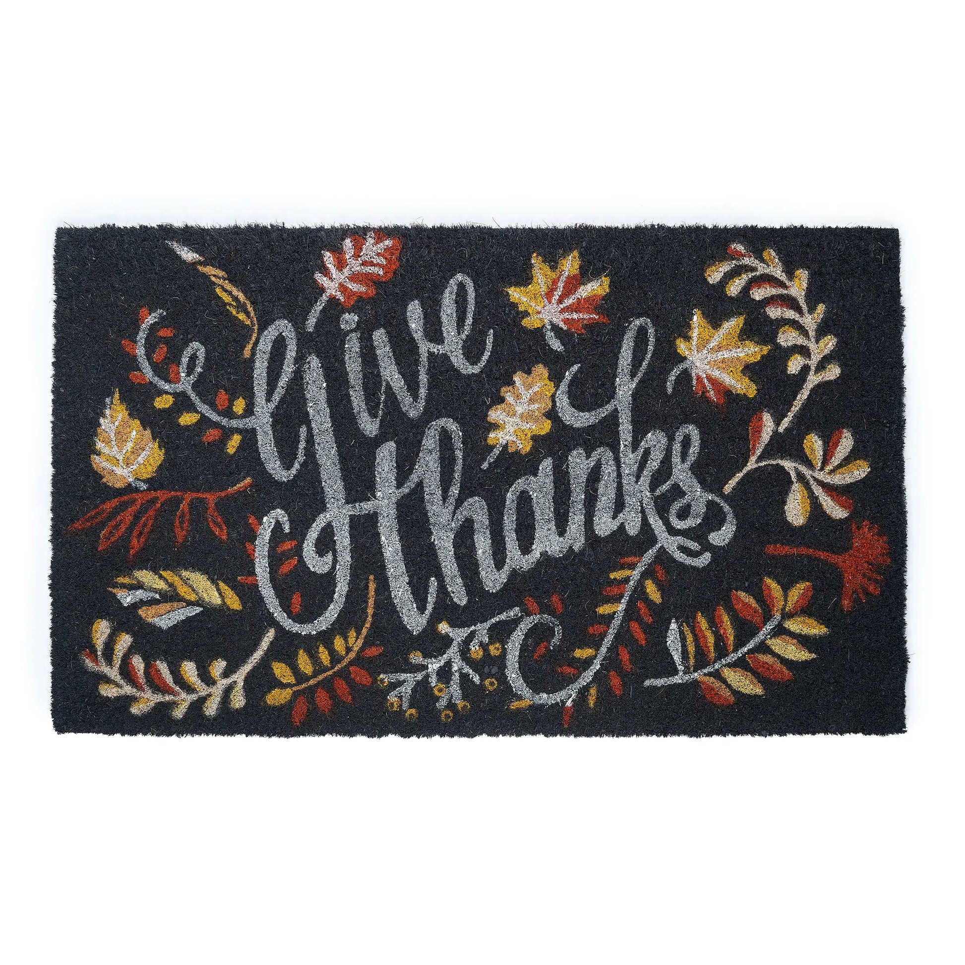 Doormat with 'Give Thanks' text and autumn leaves on a white background
