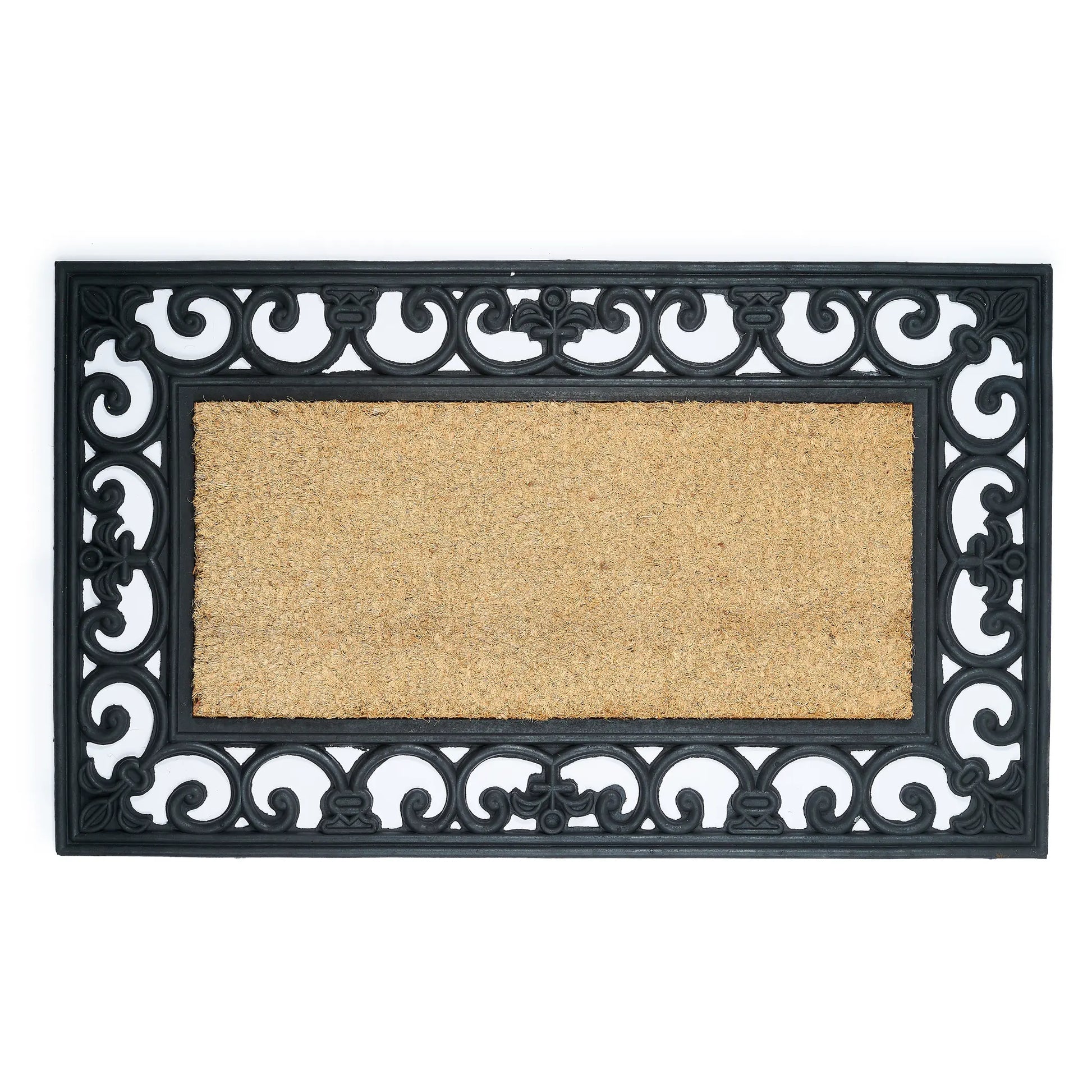 Decorative doormat with black decorative border on a white background