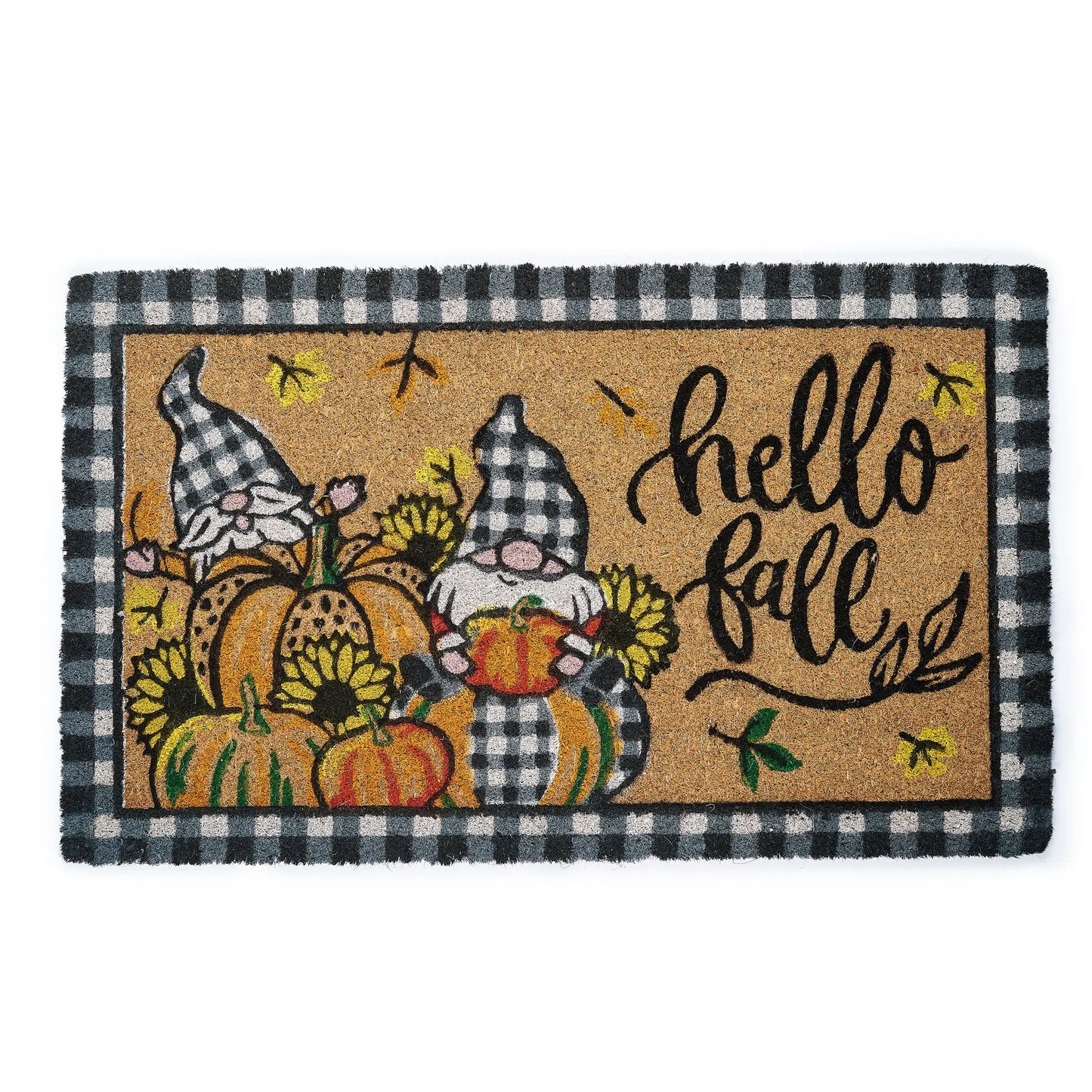 Doormat with 'hello fall' text and autumn-themed design featuring gnomes, pumpkins, and leaves.