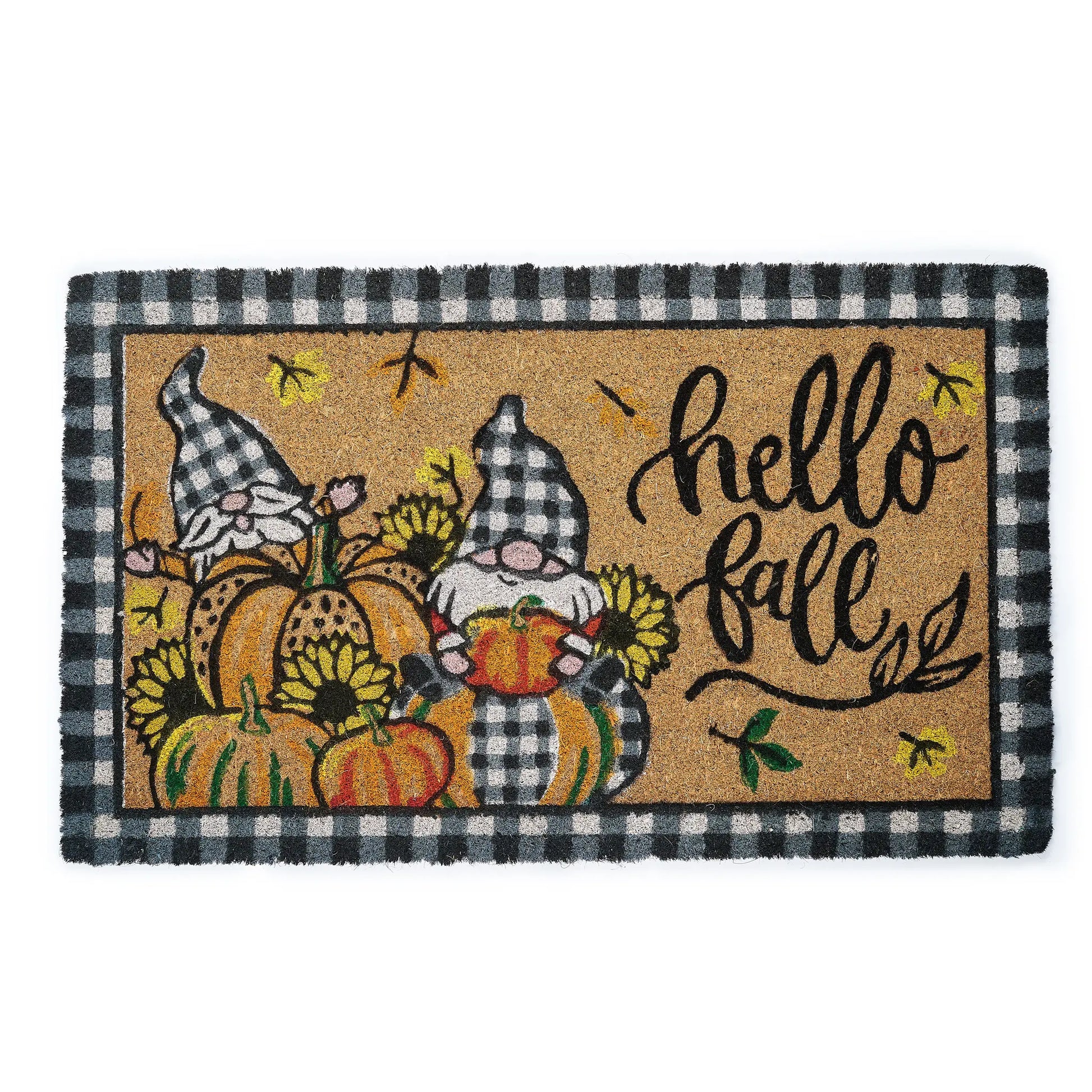 Doormat with 'hello fall' text and autumn-themed design featuring gnomes, pumpkins, and leaves.