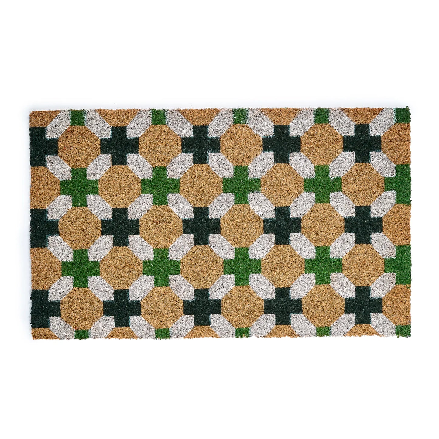 Patterned doormat with geometric design on a white background