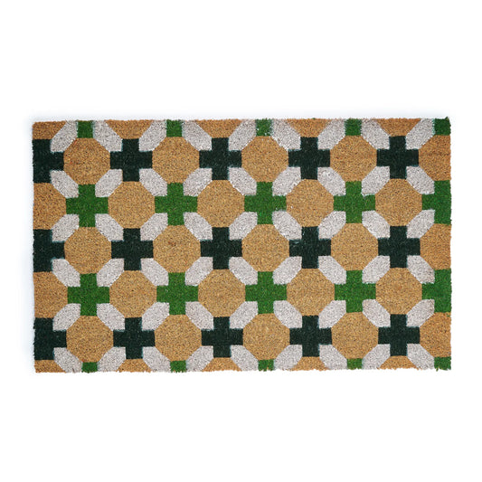Patterned doormat with geometric design on a white background