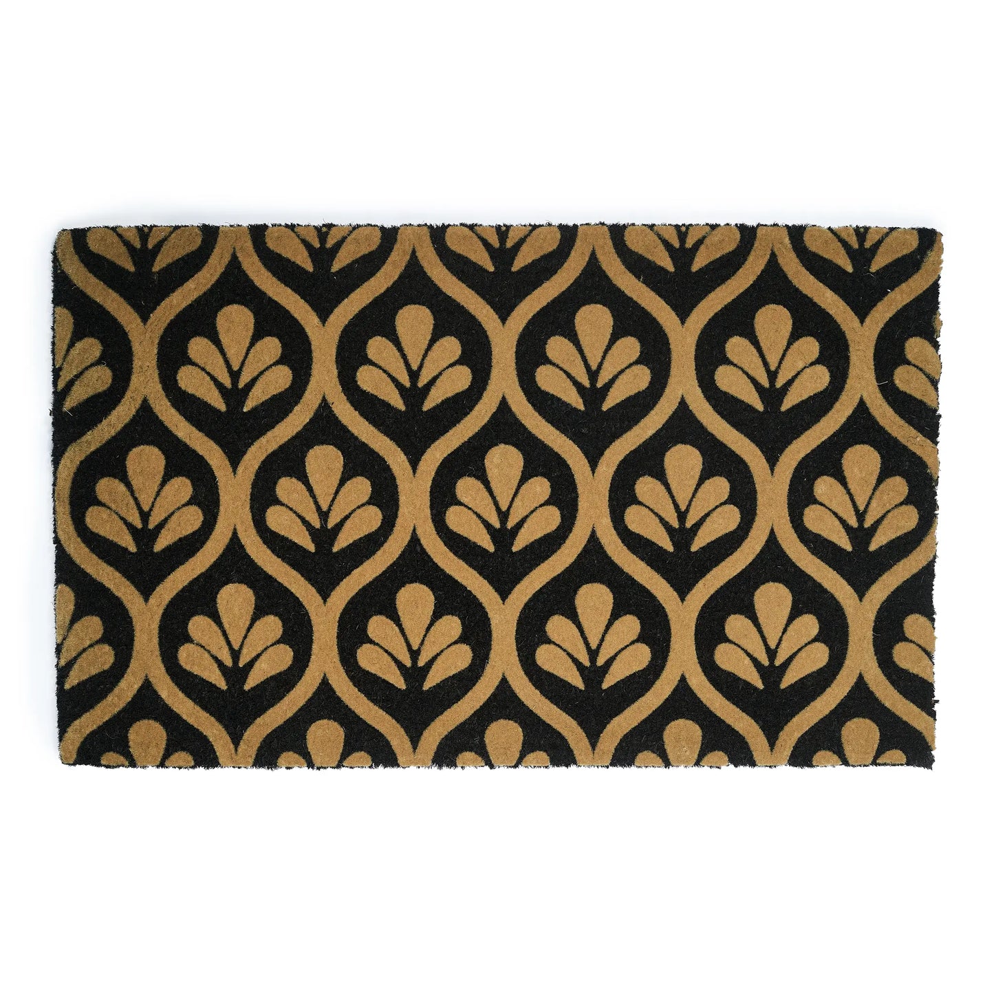 Patterned doormat with black and gold design on a white background
