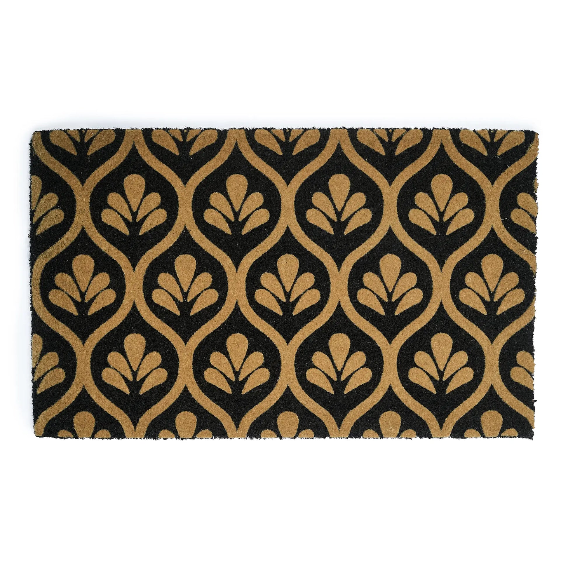 Patterned doormat with black and gold design on a white background