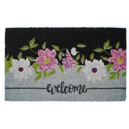 Decorative doormat with floral design and 'Welcome' text on a black and gray background