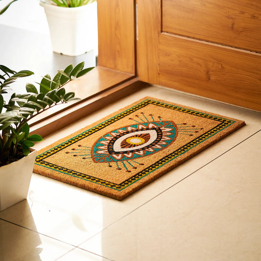 Decorative doormat with a floral design on a tiled floor next to a wooden door.