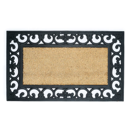 Decorative doormat with black decorative border on a white background