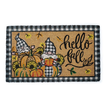 Doormat with 'hello fall' text and autumn-themed design featuring gnomes, pumpkins, and leaves.