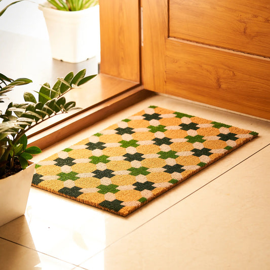 Patterned doormat on a wooden floor with plants in the background