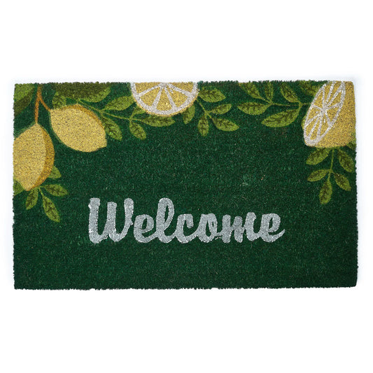Green doormat with lemon design and 'Welcome' text on a white background