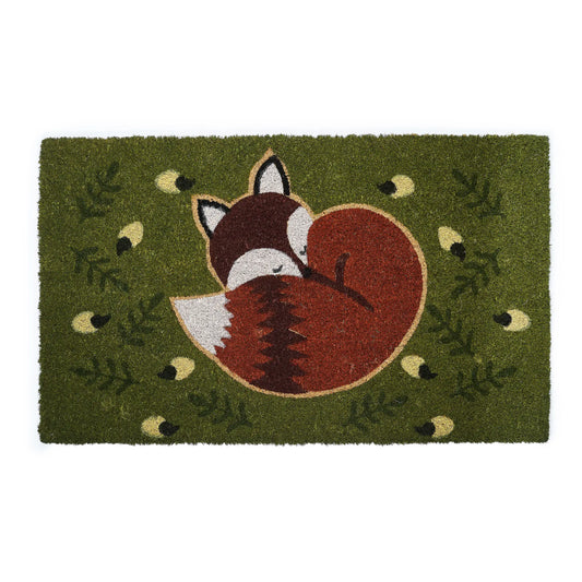 Doormat with a fox design on a green background