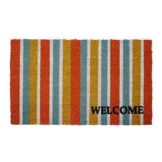 Striped doormat with 'WELCOME' text on a white background